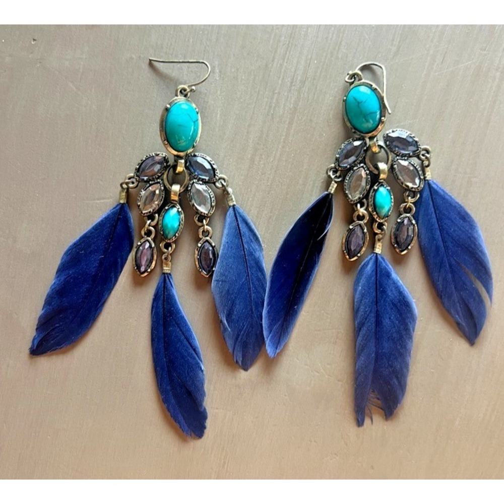 Boho Western Feather Earrings Turquoise Look Stone Chandelier‎ Dangle Cowgirl